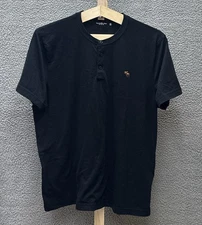Abercrombie & Fitch Henley Shirt Mens 2XL Black Short Sleeve Moose Embroidered