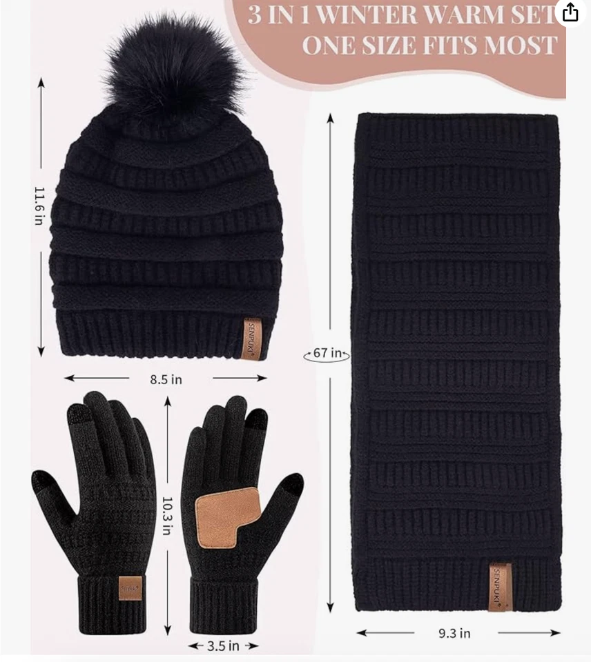 Womens Winter Beanie Scarf Gloves Set, Pom Pom Hat with Warm Fleece Lined Long K - Image 3 of 4