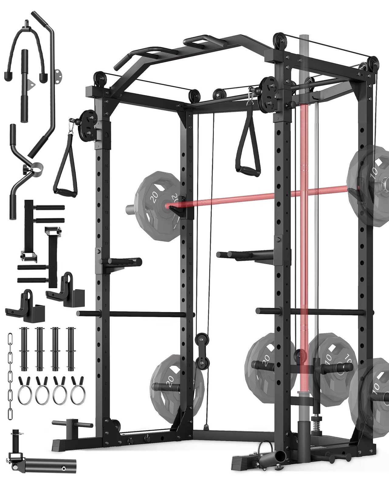 Power Cage Multi-Function Power Rack Home Gym with Pulley System Workout Machine