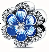 KUNSIR 925 Sterling Silver Charm for Bracelet Blue Floral Bead Charm DIY Jewelry
