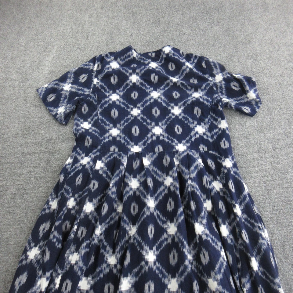 Тост платье женщин синий белый Ikat печать коротким рукавом Midi плиссированные галстук шеи богемное - Изображение 2 из 4