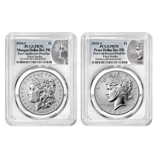 2024-S Reverse Proof $1 Morgan and Peace Silver Dollar 2pc Set PCGS PR70 FS