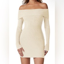 Bodycon Knit Off-Shoulder Long-Sleeve Mini Sweater Dress - Cream - Size S