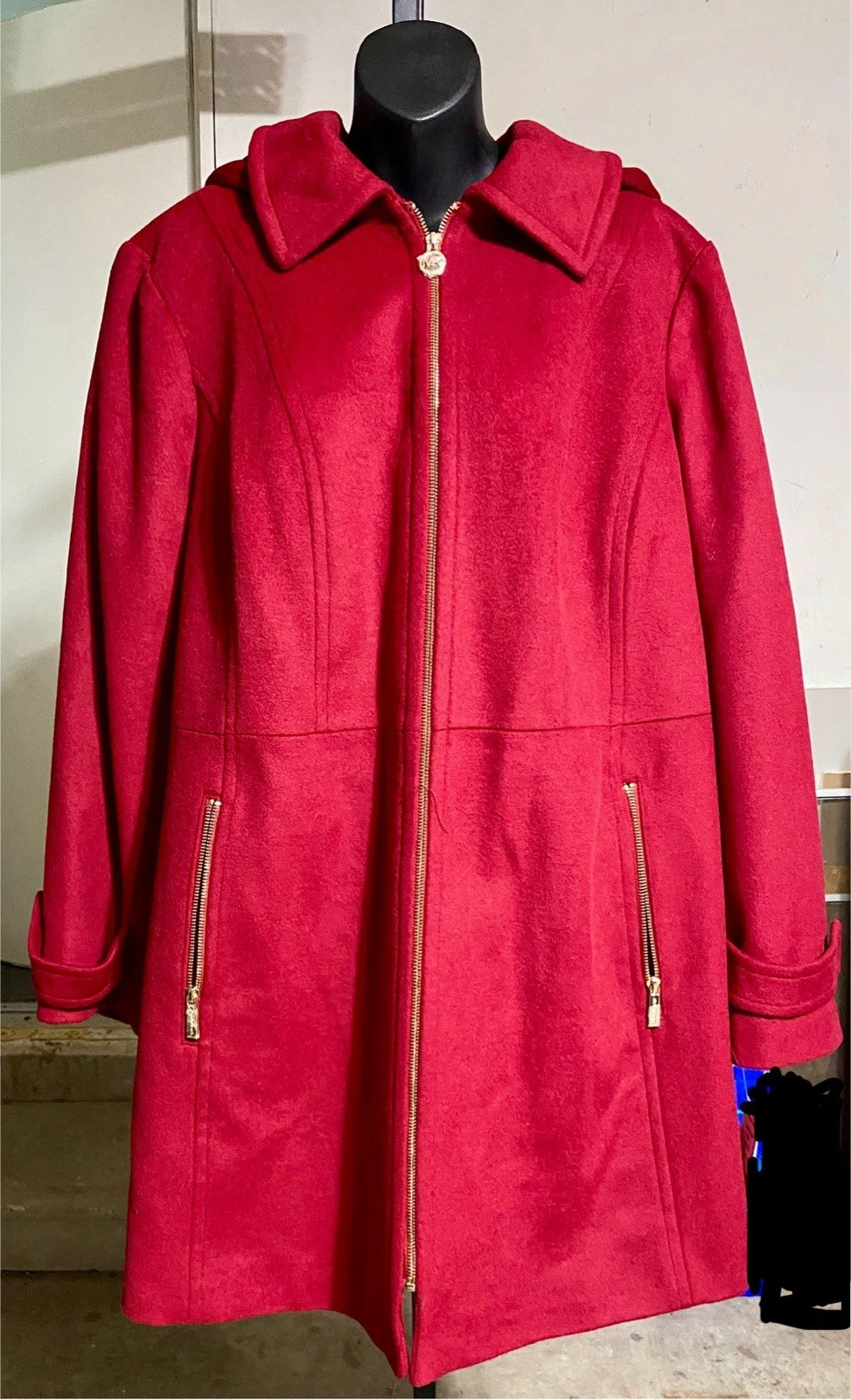 Cappotto donna Michael Kors nuovo con etichette misto lana con cappuccio taglia 2X rosso cerniera piumino