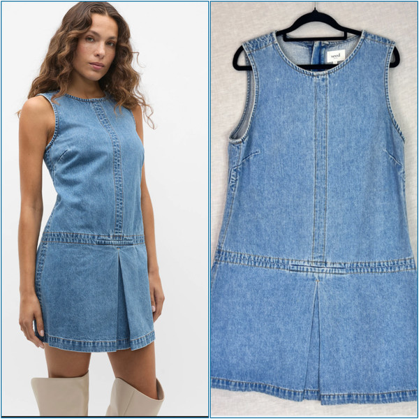 Seed Denim Pleat Mini Dress Size 12 Blue Sleeveless Short