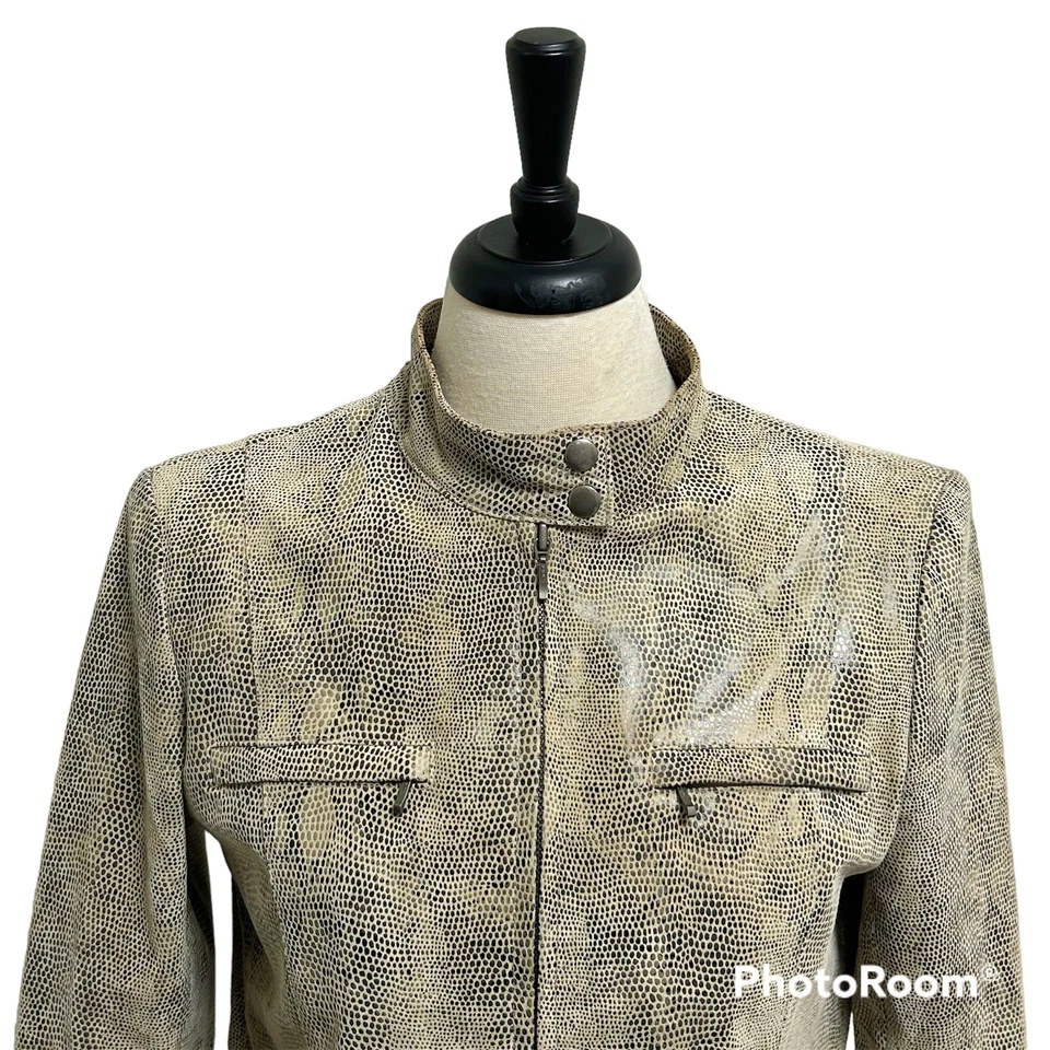 Chaqueta de Cuero Alfani Beige Marrón Gris Gamuza Cuero Patrón Serpiente Cremallera Mediana Foto 3 de 4