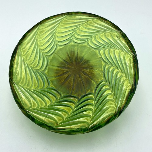 Art Nouveau Kralik? Calamaio in vetro artistico iridescente verde epoca '900 motivo foglia ottone - Foto 8 di 10