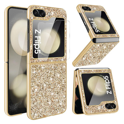 For Samsung Galaxy Z Flip7 6 5 Sparkle Glitter PC Case with Screen Protector