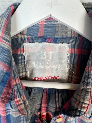 Johnny Was 3T Workshop Blouse Womens Medium Gray Pink Plaid Pleated Embroidered - Imagen 3 de 19