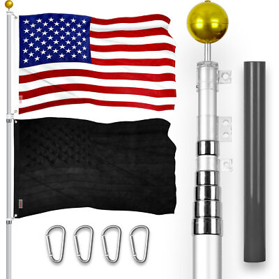 20 Ft Telescoping Flagpole SV & American and All Black USA Flags Emb 300D 3x5Ft