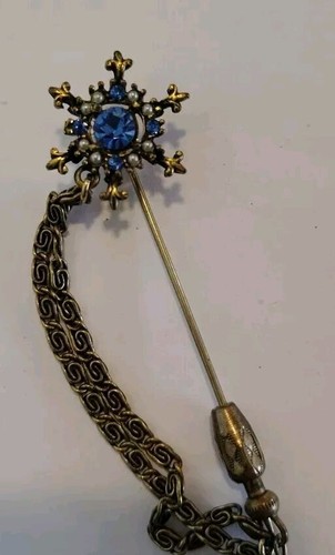 Antike viktorianische ausgefallene Schneeflocke Hut Stecknadel blau Saffphire, Perle Strass - Bild 2 von 9