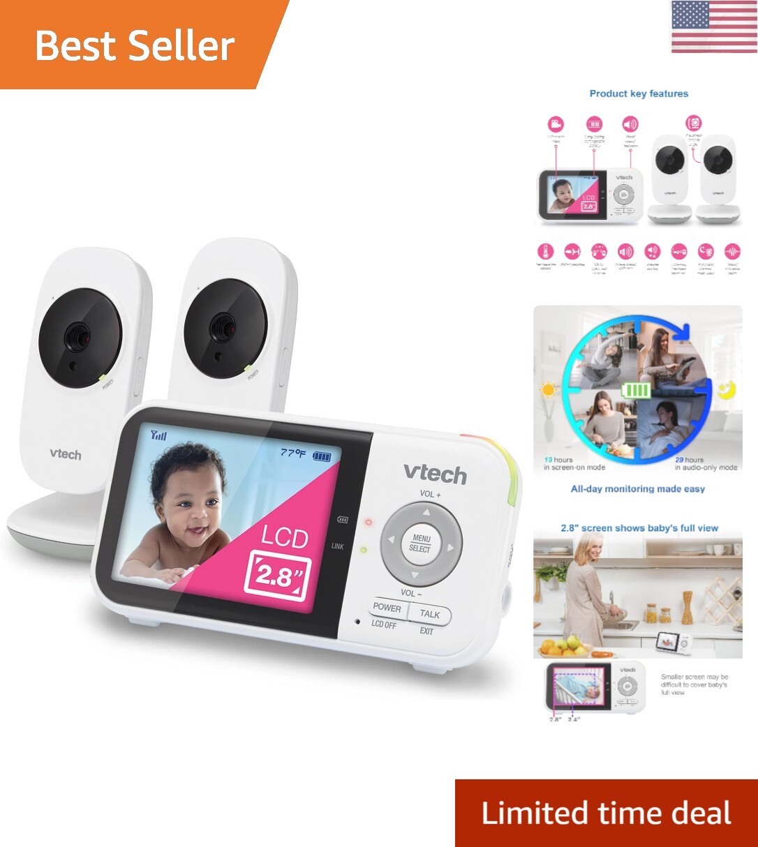 Baby Monitor, 2.8” Screen, 2 Cameras, 1000ft Range, Night Vision, 2-Way Audio...-image