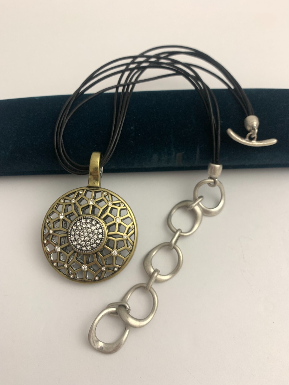 Black Leather Multi-String Silver Pendant Necklac… - image 4