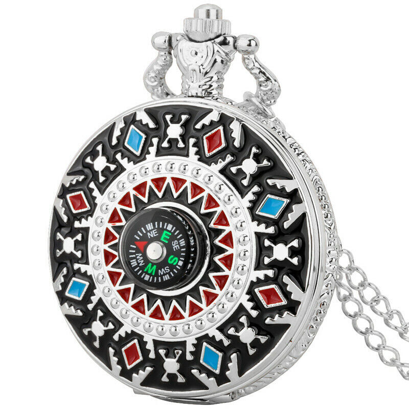 Vintage-style unisex silver alloy compass pocket watch with hunter case and necklace chain