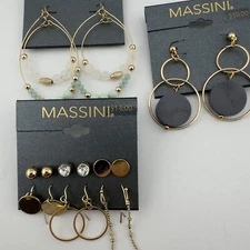 NWT MASSINI Gold Tone Dangle Drop Hoop Studs Post and Wire Earrings LOT