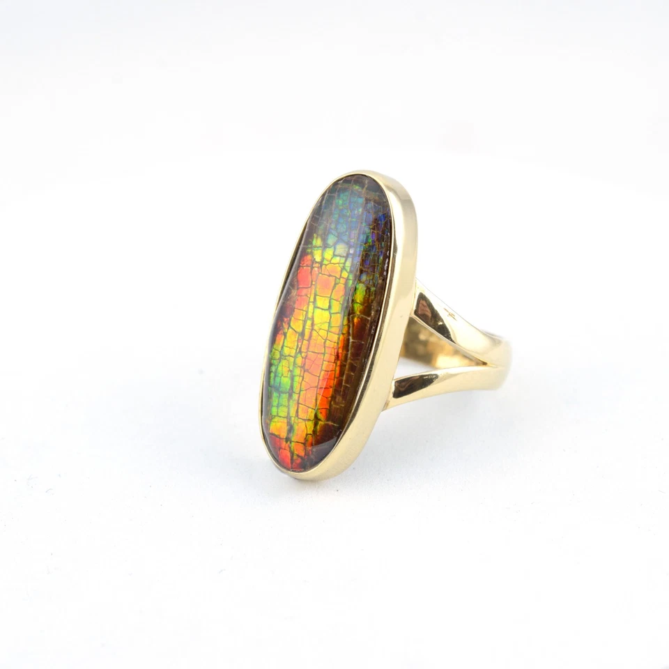Gold Plated Fiery Ammolite Oval Ring 925 Sterling Silver Gemstone Women Jewelry - Image 4 of 4