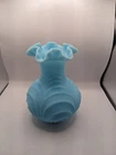 Fenton Blue Satin Glass Vase 8" Ruffled Crimped Top Edge.