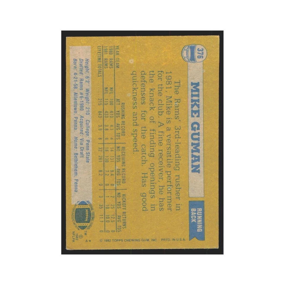 Mike Guman 1982 Topps #376 Los Angeles Rams Football Card NM - Image 2 of 3