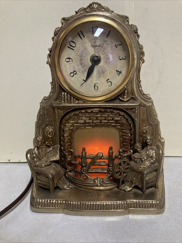 Vtg United Mantel Desk Clock Gold Brass Metal 422 Electric Lighted Fireplace