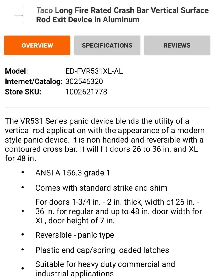 🔴Taco long fire rated crash bar verticle surface rod exit device in Aluminum - Image 2 of 3