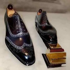 Pure Handmade Black Leather Brogue Lace Up Shoes Oxford Styles Shoes For Men's
