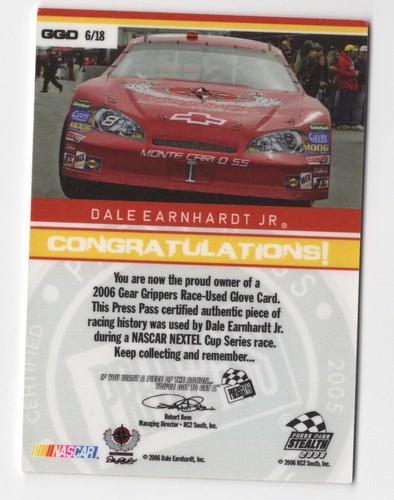 Dale Earnhardt Jr 2006 Press Pass Stealth Gear Grippers Race Used Glove Card /99 - Picture 2 of 2