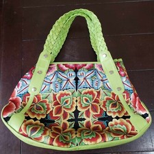 Pineda Covalin Womens Large Tote Bag Jacquard Floral Design Lime Green 