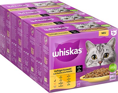 Whiskas 1+ Katzenfutter Nassfutter Geflügel Auswahl in Sauce 4er Pack 48 x 85g