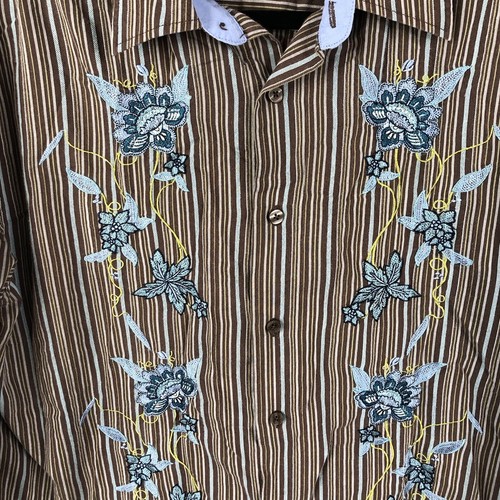 Coastal Shirt Mens Large Brown Blue Striped Embroidery Floral Western Art Casual - Picture 15 of 21