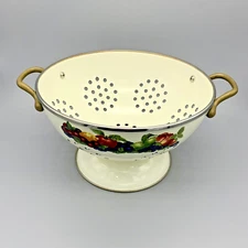 VTG Lincoware Colander Porcelain Enamel Pedestal Brass Handles 5" Orchard Royale