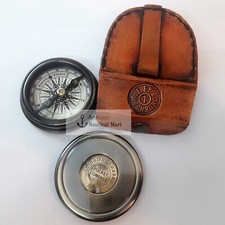 Antique Brass Poem Compass With Leather Case Collectible