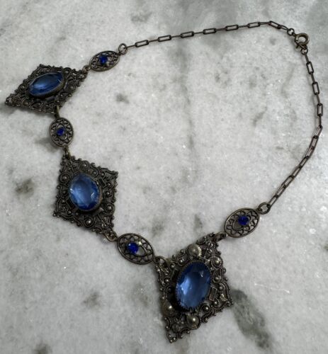 Antik viktorianisch tschechisch blau Glas filigran Latz Halsreif Halskette - Bild 12 von 14