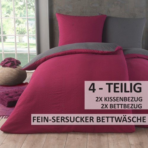 4-teilig Uni fein Seersucker Wende Bettwäsche 135x200 cm Bettbezug Kissenbezug - Bild 30 von 57