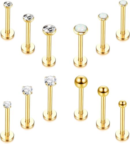 12 Pcs Lip Rings for Women Men 16 Gauge Stainless Steel Labret Studs Cartilage F