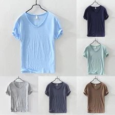 Men's Classic Fit V-Neck Shirts Tops Plain Cotton T Shirts Summer Tees US