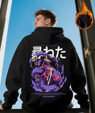 Men's Anime Graphic Hoodie Black Streetwear Pullover with Hood Unisex Sweatshirt