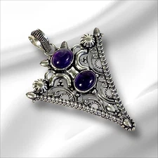 Amethyst Gemstone Ethnic Handmade Pendant Ornate Design Triangle Shaped  2.6"