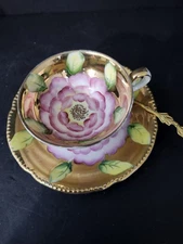 Gold With Pink Cottage Rose Tea Cup And Saucer With Gold Spoon