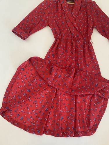 Vintage JT Dress Small Red Blue Floral Pleated Chiffon Dress Collar Sheer Midi - Picture 9 of 15