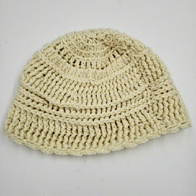 Vintage Handmade Crochet Knit Beanie Hat 70s Minimalist Off White Ivory Womens
