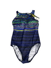 Longitude Women  s One Piece Swimsuit 12 Blue Purple Gold Metallic Built In Bra