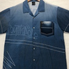 Southpole Mens XL Blue Denim Print Short Sleeve Button Down Shirt Streetwear Y2K