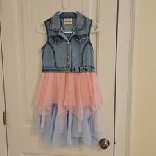 Rare Editions Girls Blue Pink Denim Tulle Dress Knee Length Sleeveless 10