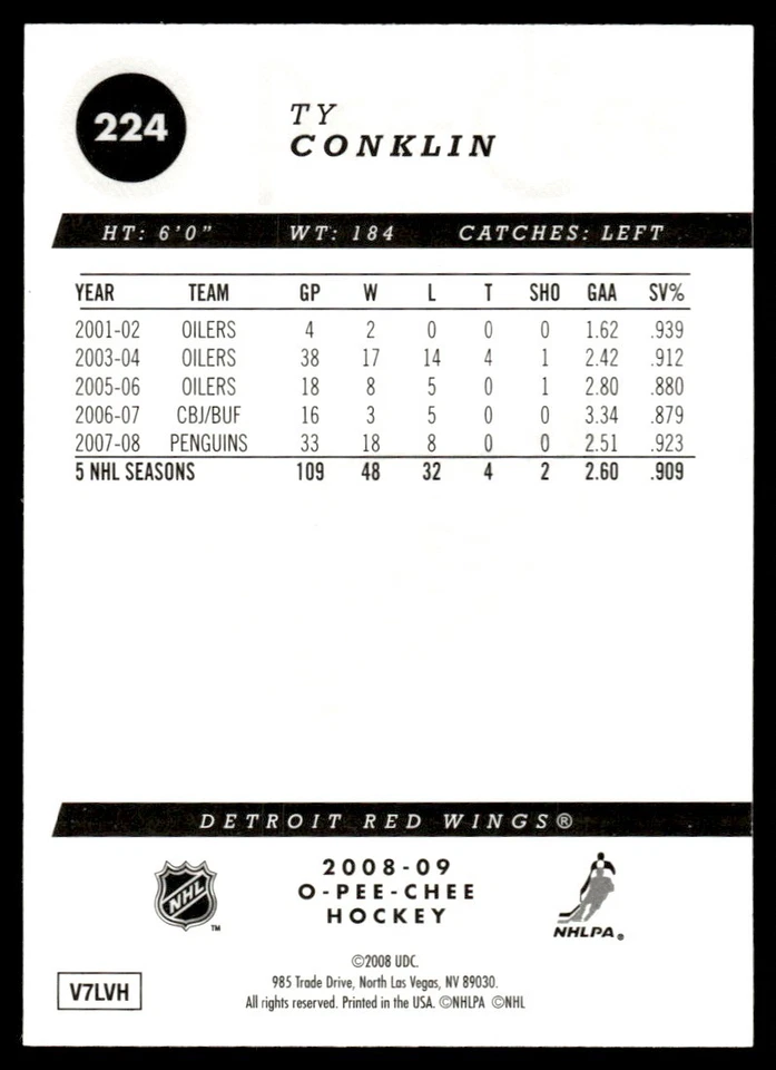 2008-09 O-Pee-Chee Gold Ty Conklin Detroit Red Wings #224 - Image 2 of 2