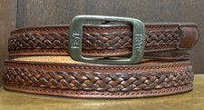 Frye Brown Leather Belt Sz32-34 1  Wide Logo Bkl Woven Insert USA VGUC
