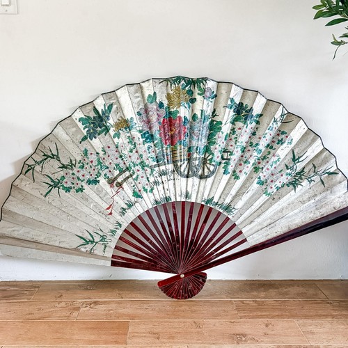 Large Chinese Chinoiserie Silver Leaf Hand Painted Wall Fan 60”X 30”