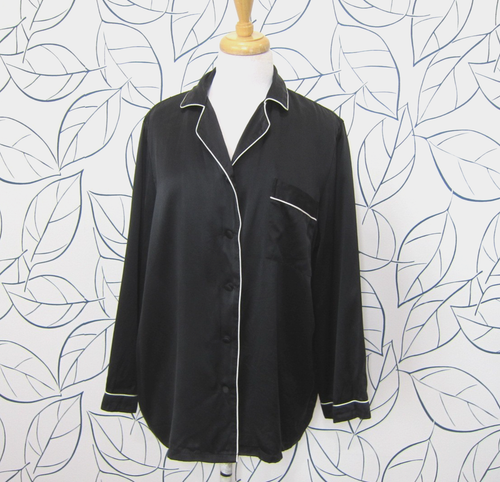 FreedomSilk 100% Silk Classic Long Sleeve Trimmed Pajama Set Black Size XL - Picture 2 of 13