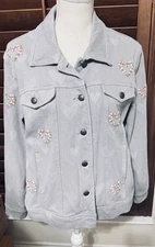 Coldwater Creek Embroidered Denim Jacket PXL grey hearts Boho trucker stretch