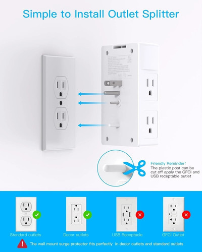 Extensor de 5 salidas protector contra sobretensiones adaptador de pared multi enchufe puertos de cargador USB con - Imagen 3 de 7
