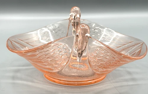 Vintage 1930s FENTON Pink Depression Glass Double SWAN Handled Candy Dish Bowl